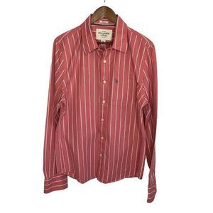 Abercrombie & Fitch Mens Muscle Button Up Shirt Sz XXL Coral Pink Stripes Preppy